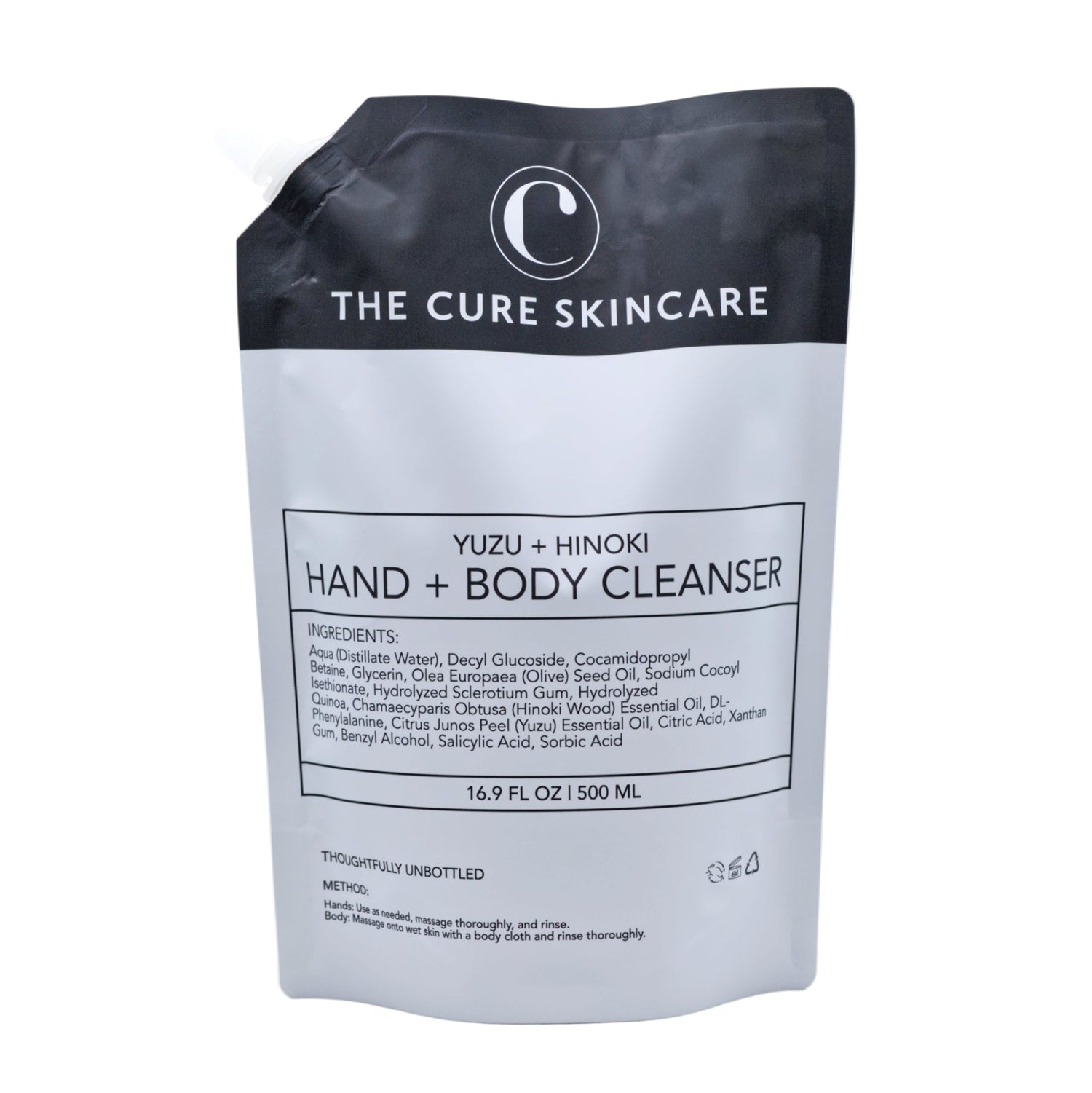 The Cure Skincare Yuzu + Hinoki Hand + Body Cleanser packaging on a white background