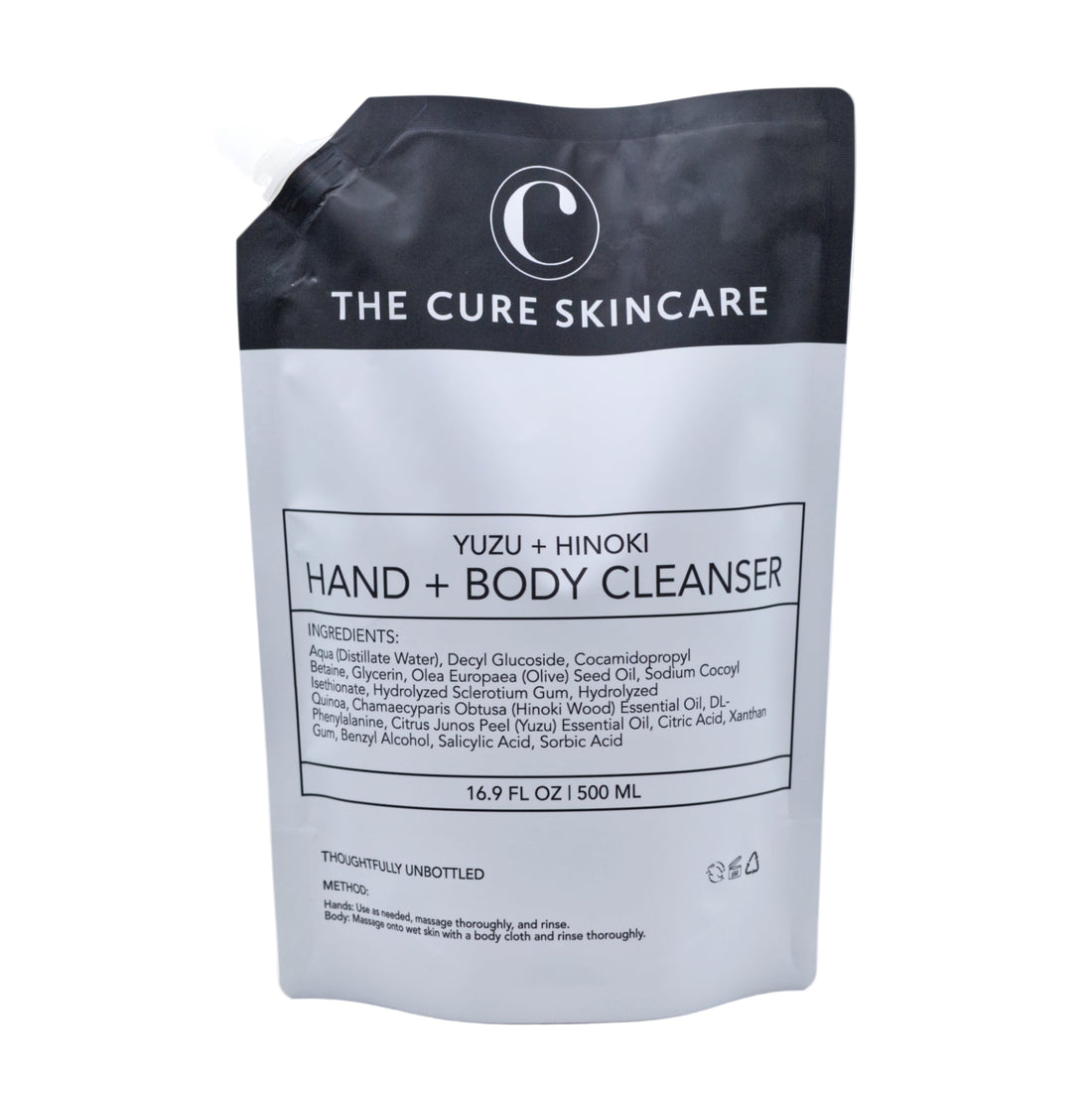 The Cure Skincare Yuzu + Hinoki Hand + Body Cleanser packaging on a white background